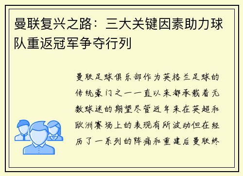 曼联复兴之路：三大关键因素助力球队重返冠军争夺行列